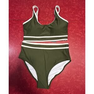 BMJL Two Piece Women’s Bathing Suit Olive Green & Cream Trim Size L B Cup NWT